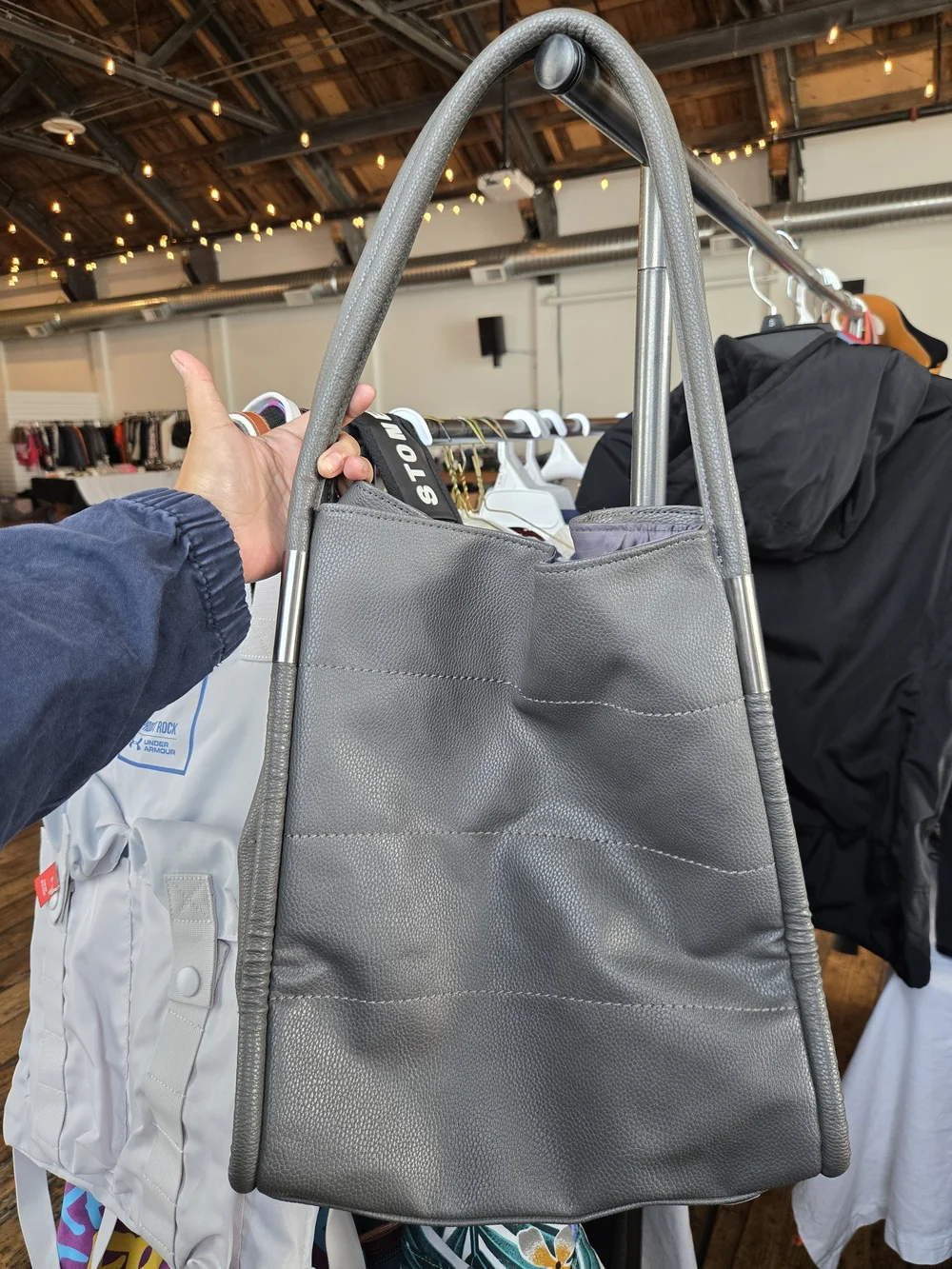 Neiman Marcus Grey Leather Tote Bag with Gunmetal Gray Hardware